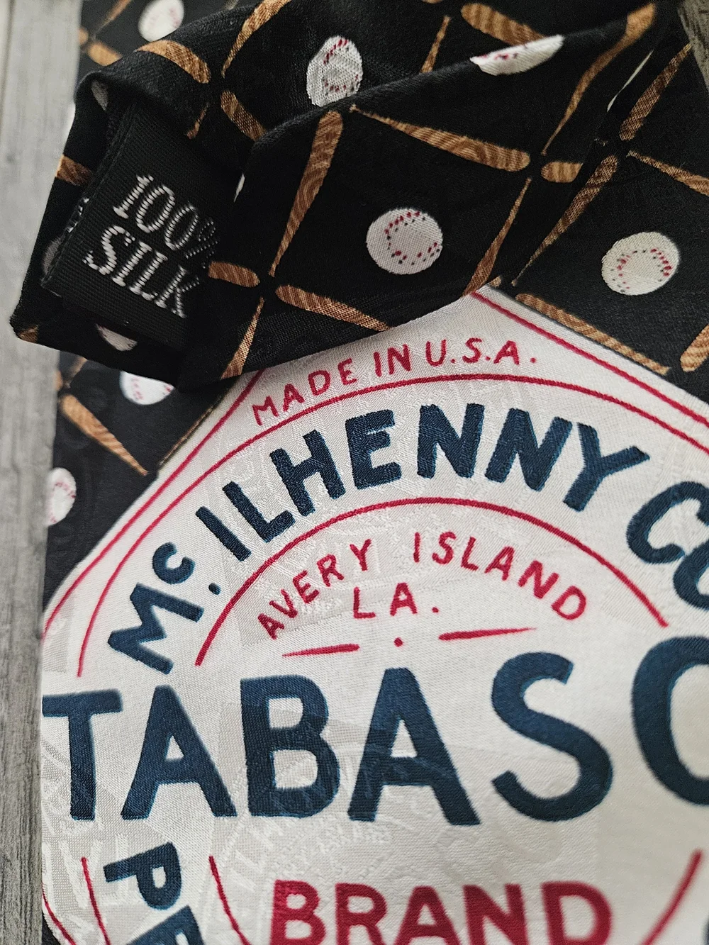 Y2K Tabasco Black 100% Silk Tie with Red and Blue Baseball Graphics